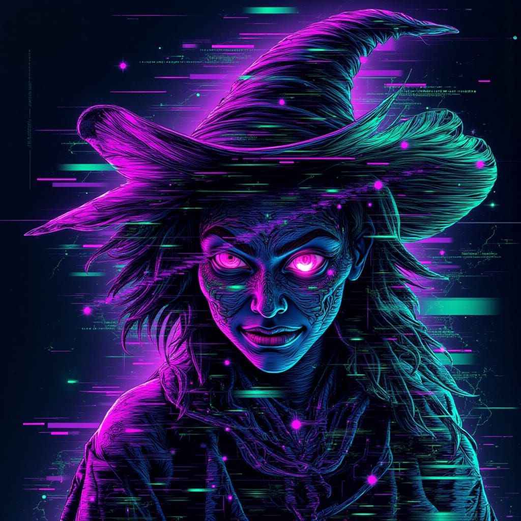 Mysterious Witch in Glitch and Errorcore Style