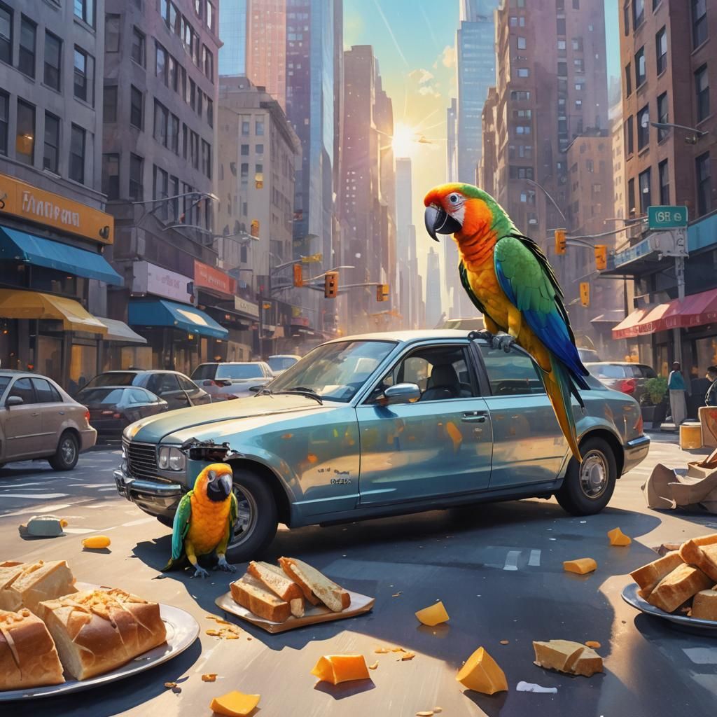 Parrot Eats Bread on Futuristic Car in New York