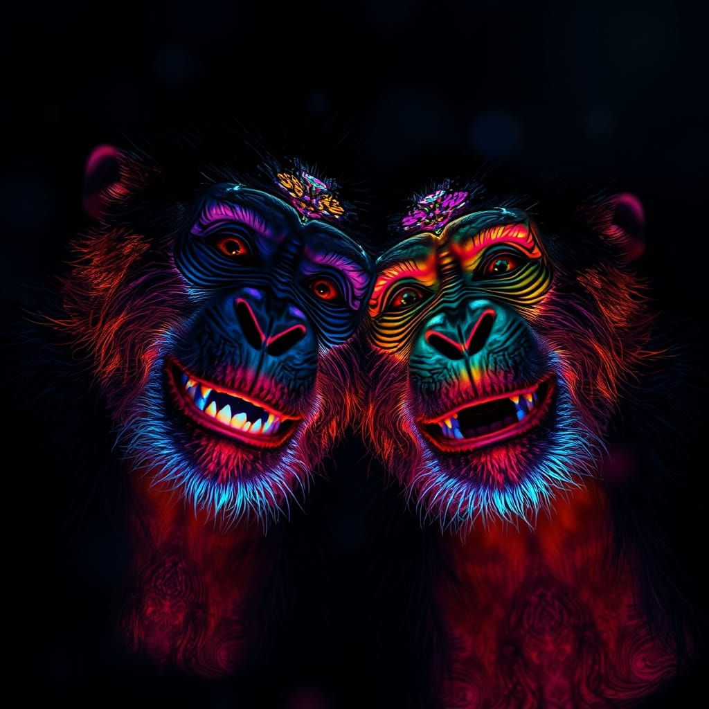 Bioluminescent Apes Smiling in Ethereal Darkness