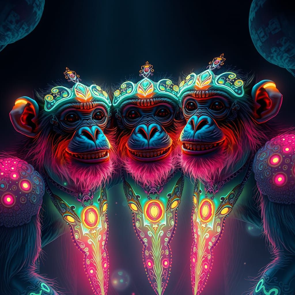 Bioluminescent Apes Smiling in Stygian Abyss