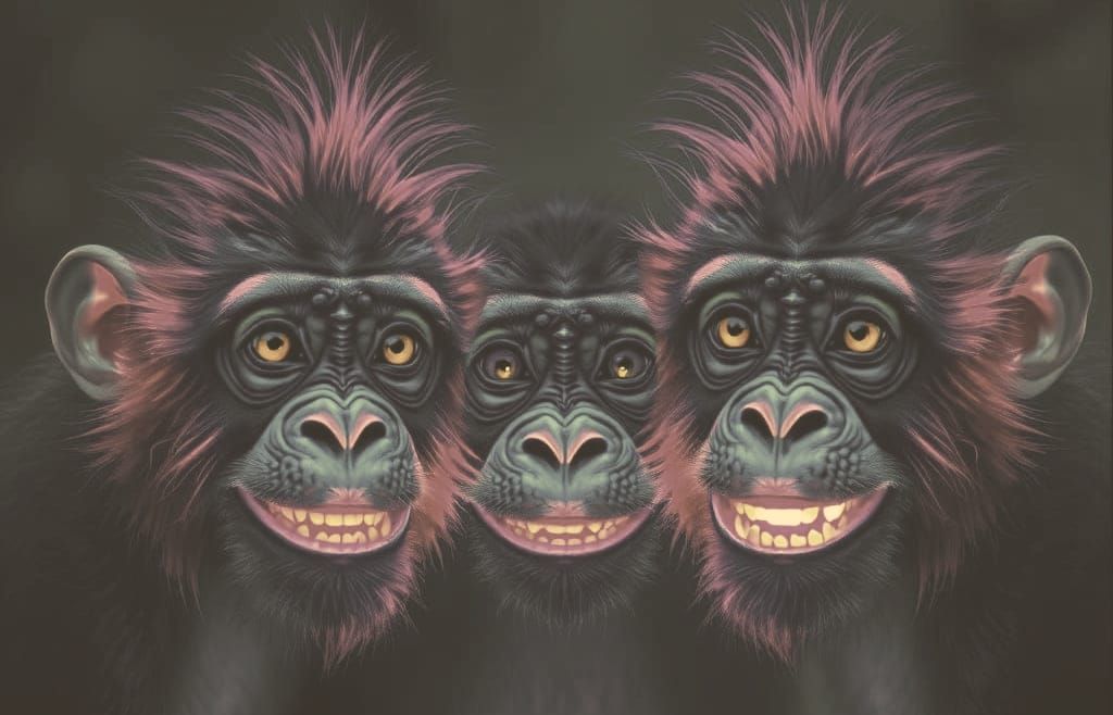Bioluminescent Apes Smiling in Abyss, as Digital Art