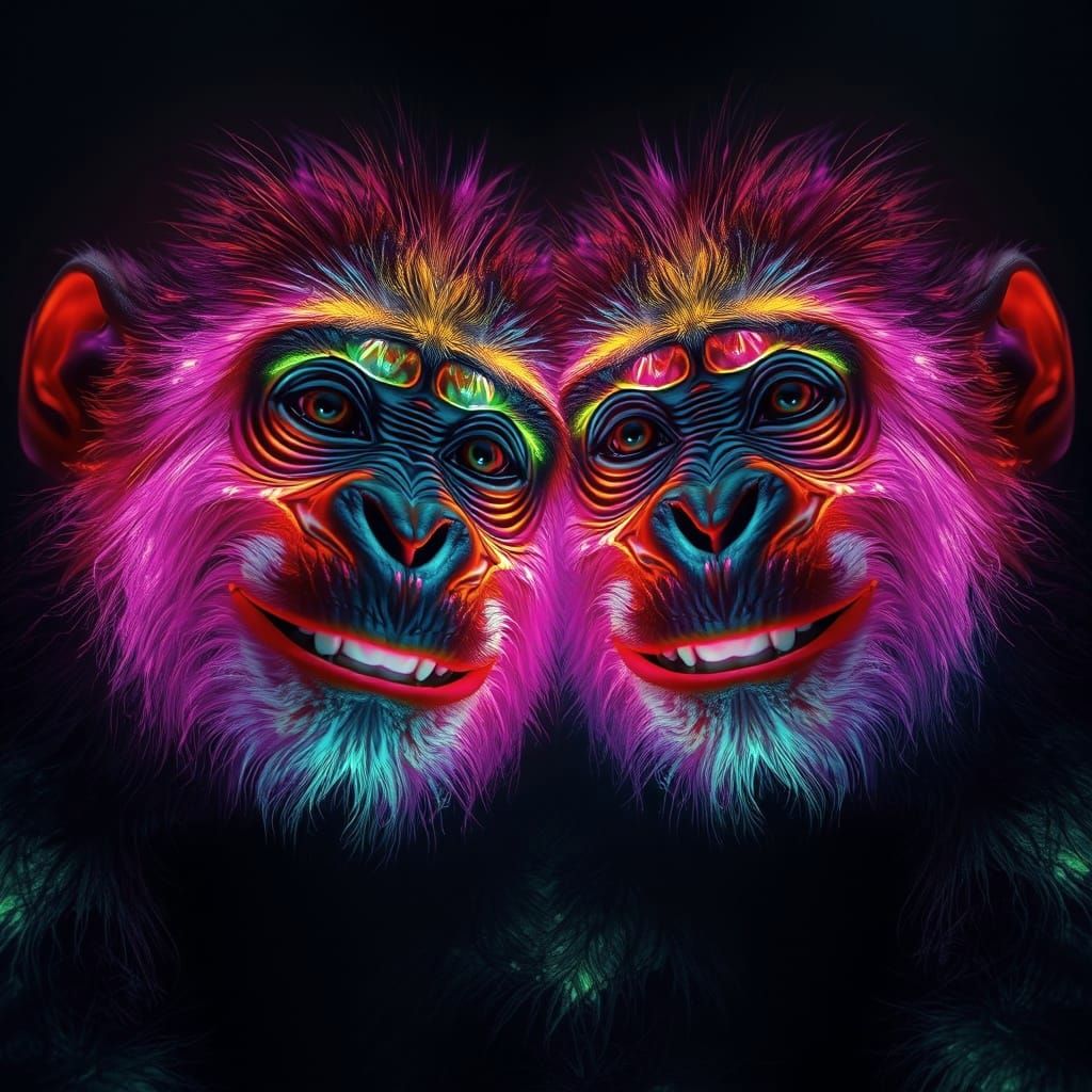 Bioluminescent Apes Smiling in Abyss as Digital Painting