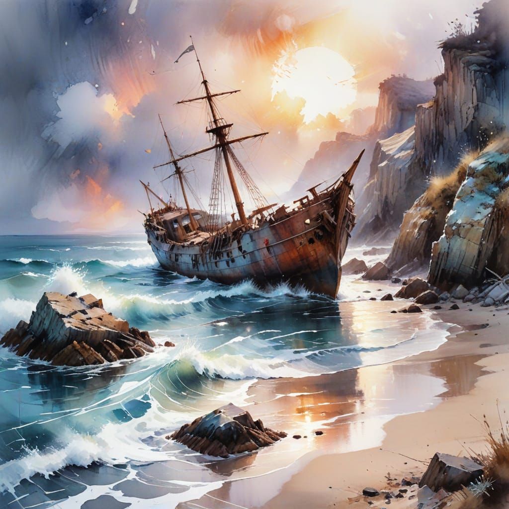 Abandoned Shipwreck at Twilight: A Haunting Maritime Scene