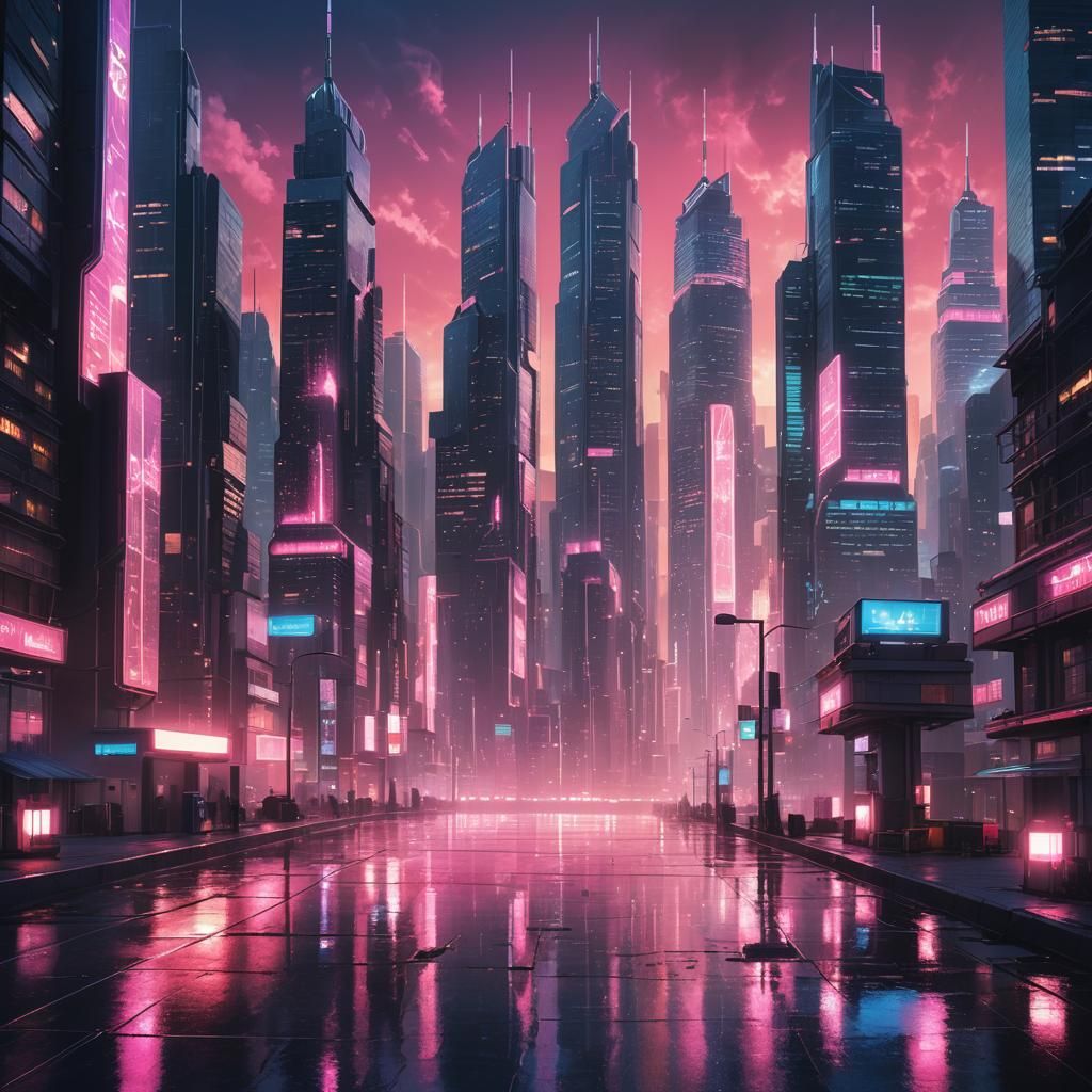 Sci-Fi Cityscape: Skyscrapers Illuminated by Glowing Light B...