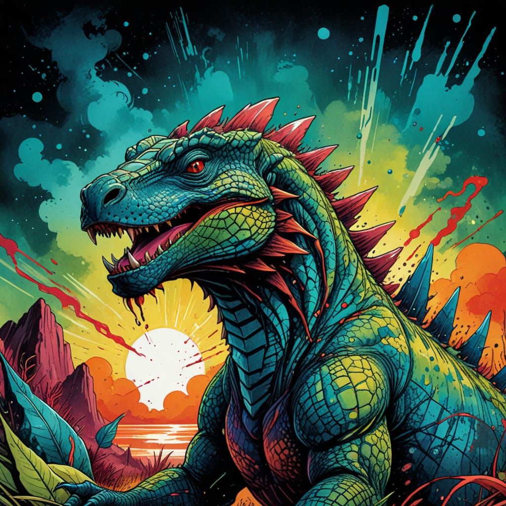 Vibrant Komodo Dragon in Retro Comic Book Style