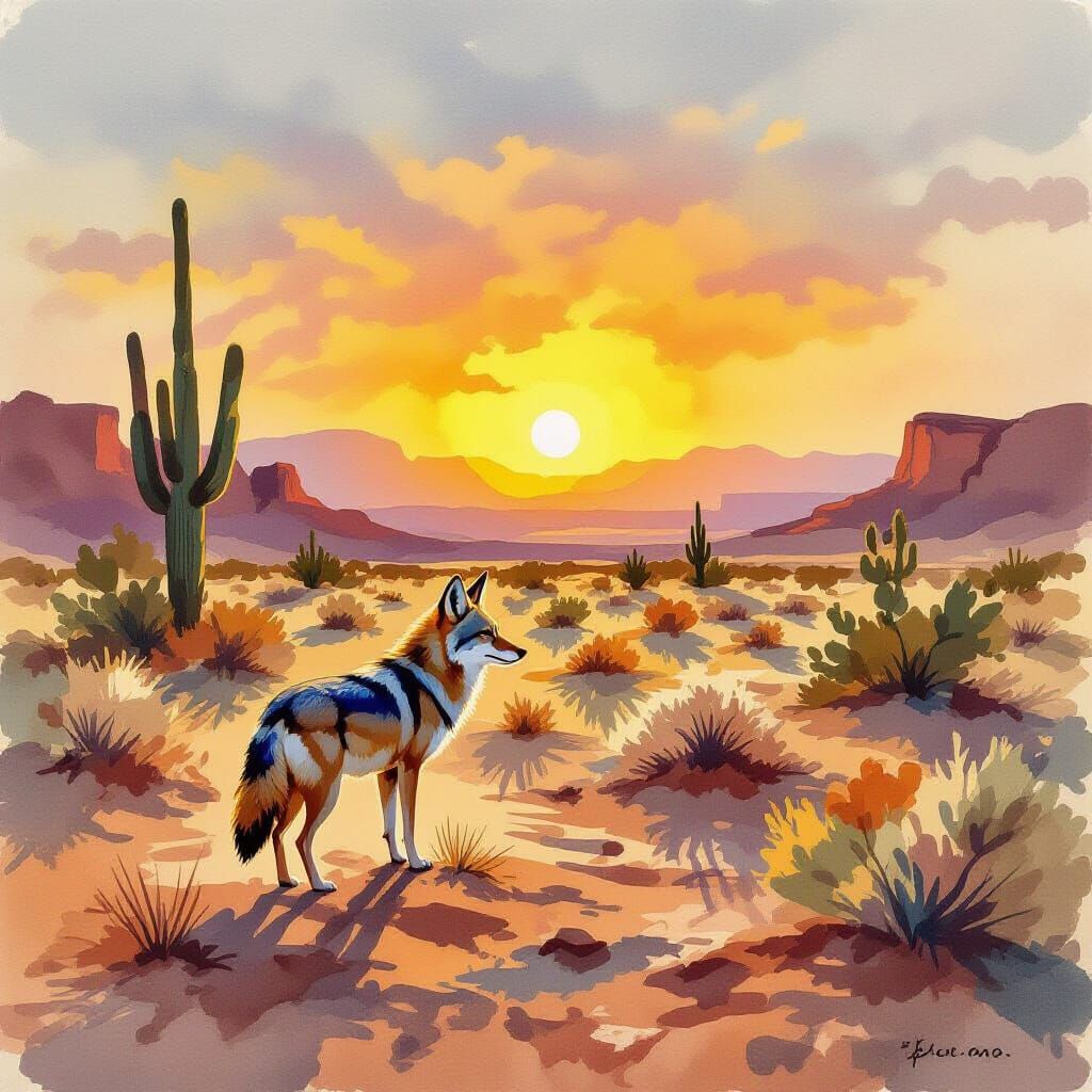 Coyote in Desert Sunrise: Gouache Style