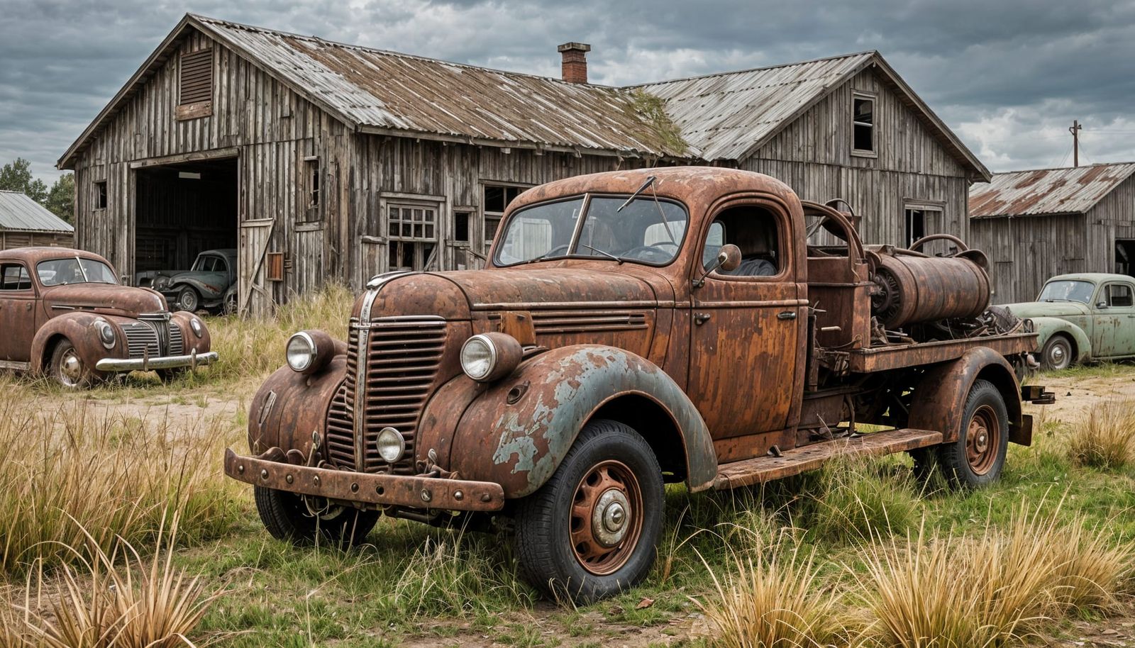 An old rusty 1939 DODGE TE32 tow truck sits in the foreground of Steel Toe Joe’s auto repair garage abandoned for many y...