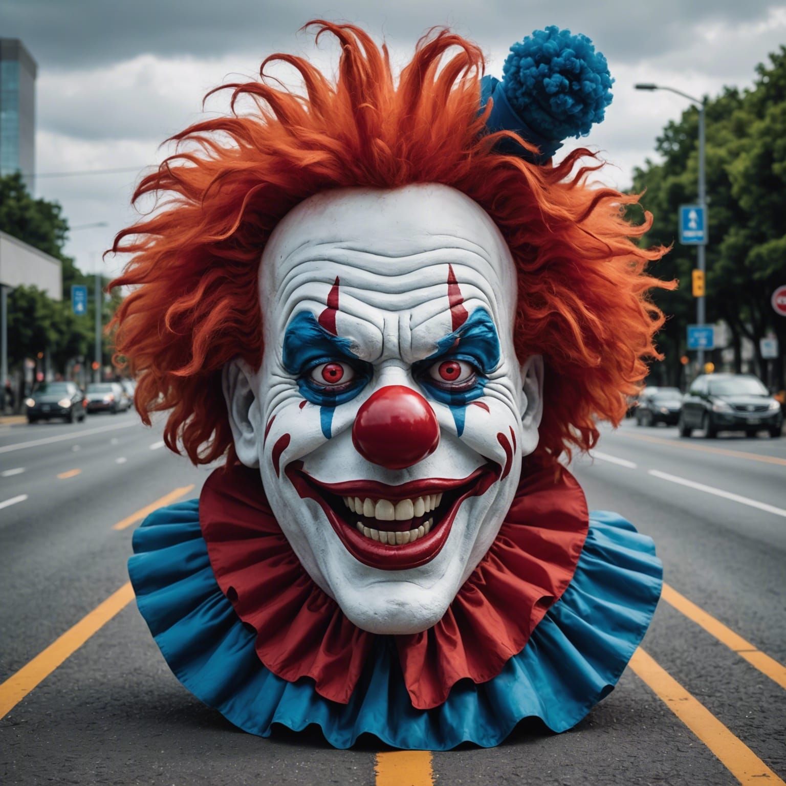 Colossal Clown Face Over Greyscale Highway