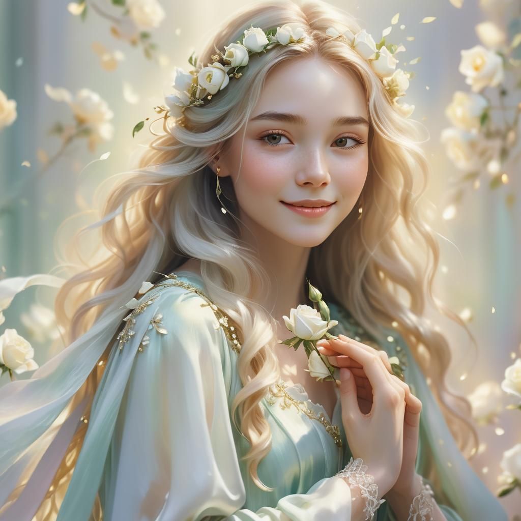 Woman Crafts White Roses in Fantasy Art Style