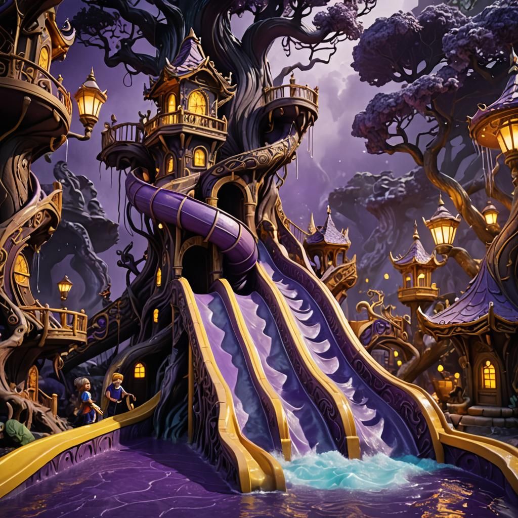 Mystical Water Park Adventure in Dark Fantasy Style