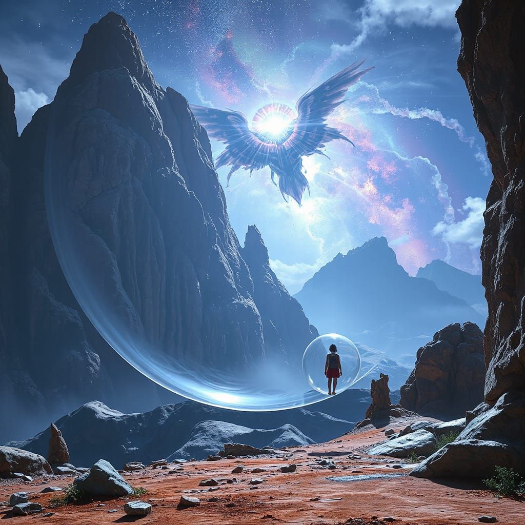 lone person floats serenely inside a giant, transparent bubb...