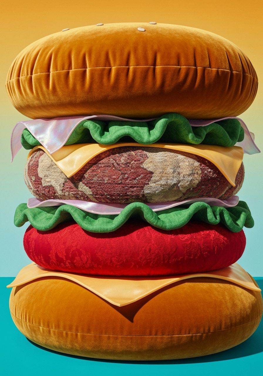 Luxury Burger Made of Textile Sculpture in Pop Art Style