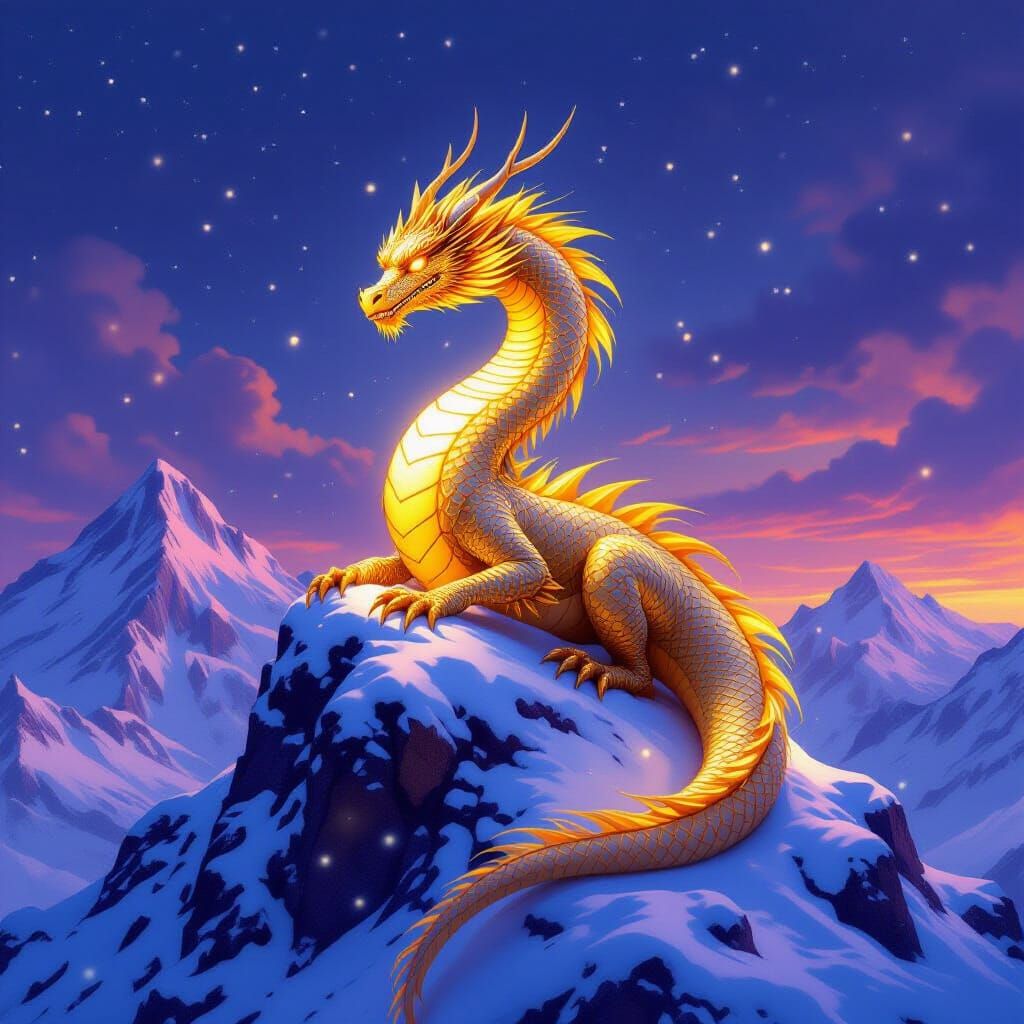 Golden Ancient Dragon on Snowy Mountain Peak