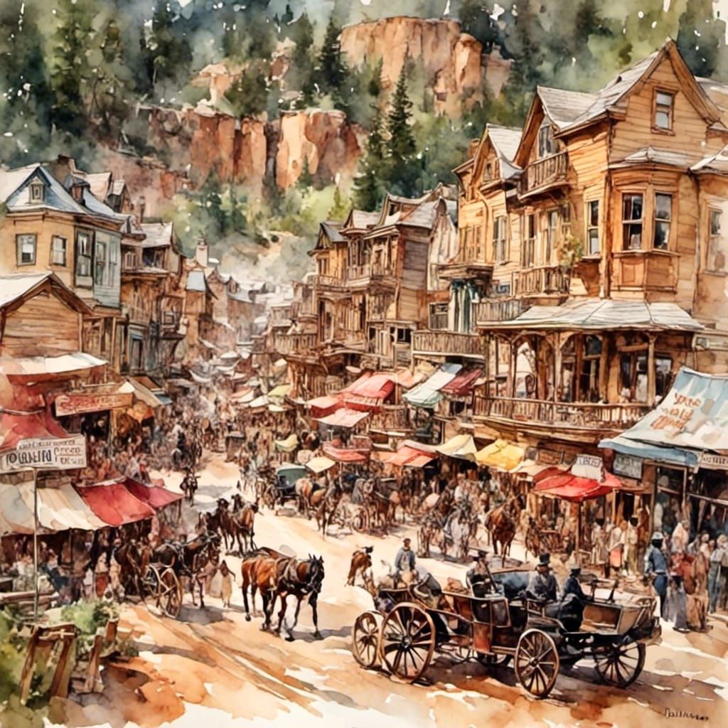 Deadwood, South Dakota: Antique Watercolor Painting