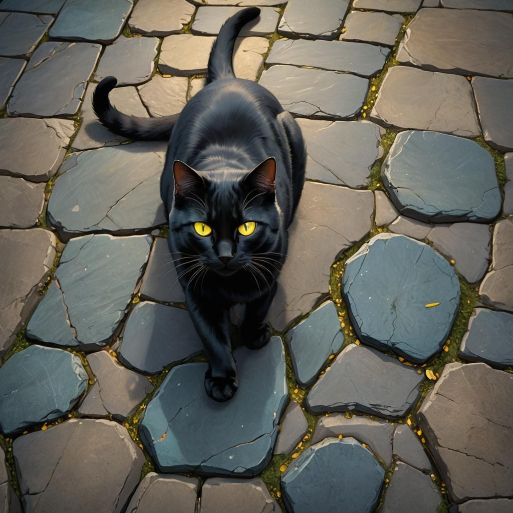 Black Cat on Stone Floor, Stylized Concept Art