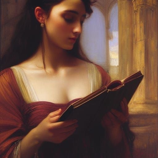 Woman Reading Book in Waterhouse Style