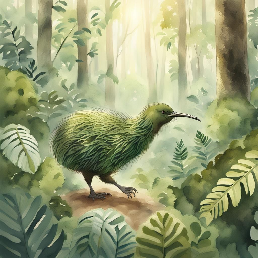 Kiwi Bird in Misty Forest: Watercolor Illustration