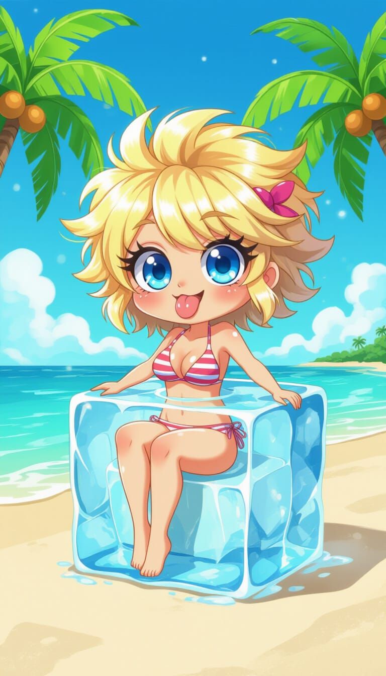 Cartoon Chick in Ice Block Beach Scene