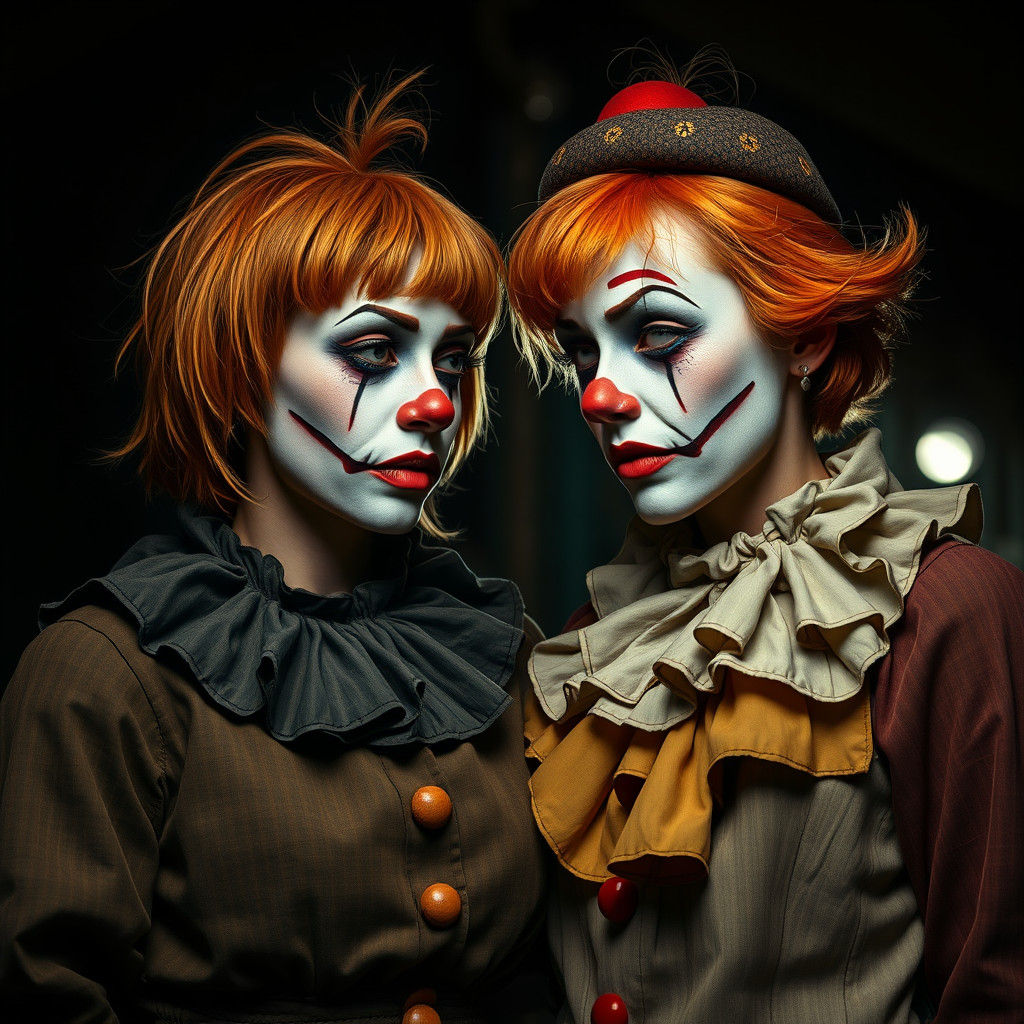 Melancholic Clowns in Vintage Circus Tent, Oil Painting