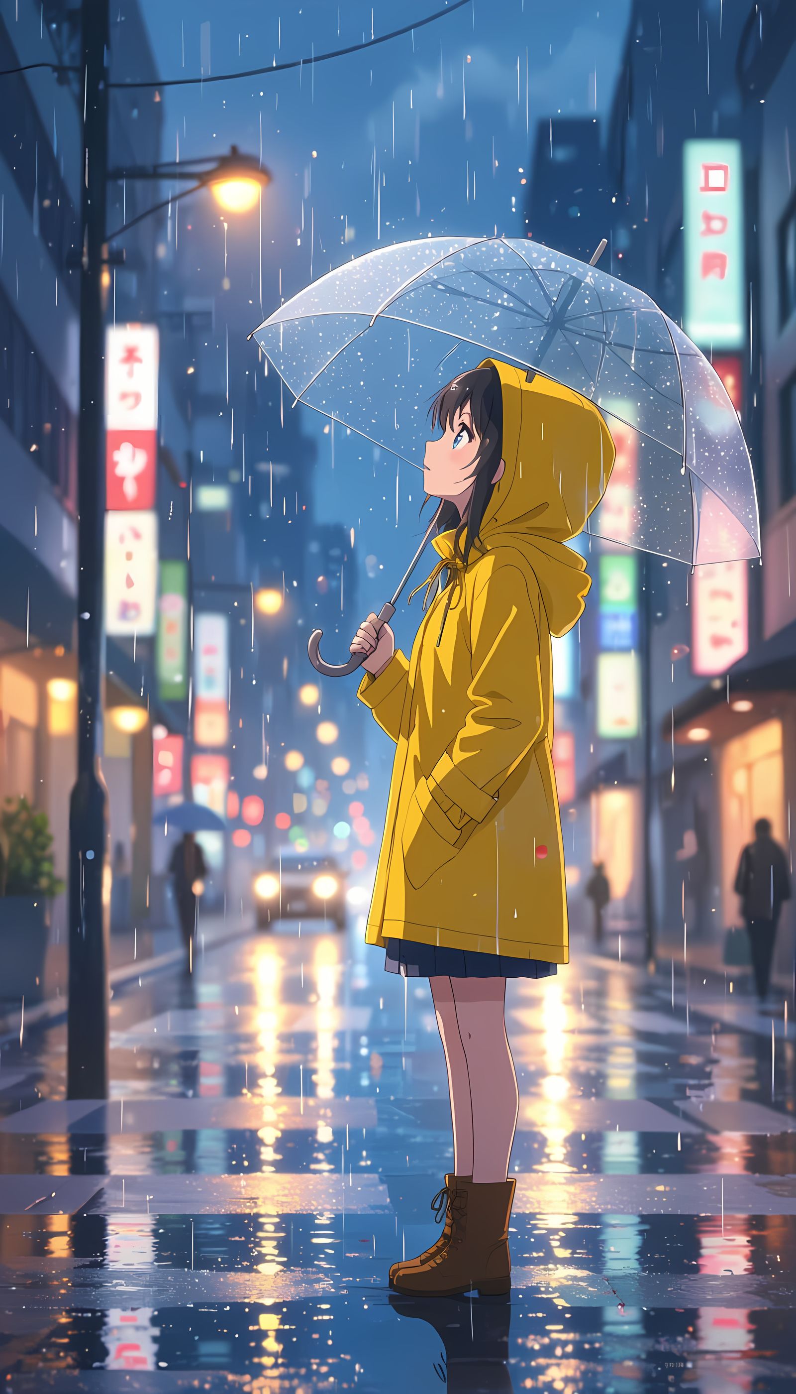 Anime Girl in Rain, Shimmering City Lights