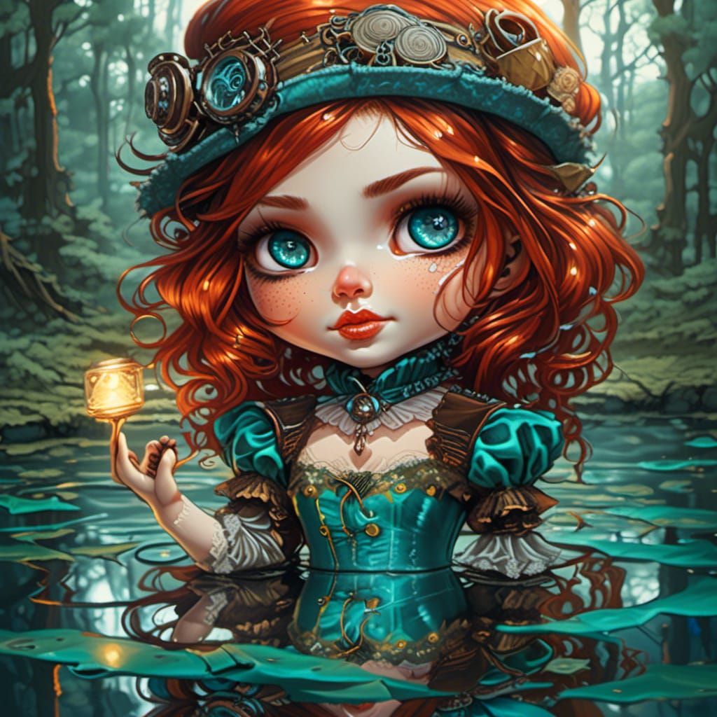 Steampunk chibi triss merigold in turquoise and silver and golden dress made of lace touching a mirrored reflection of h...