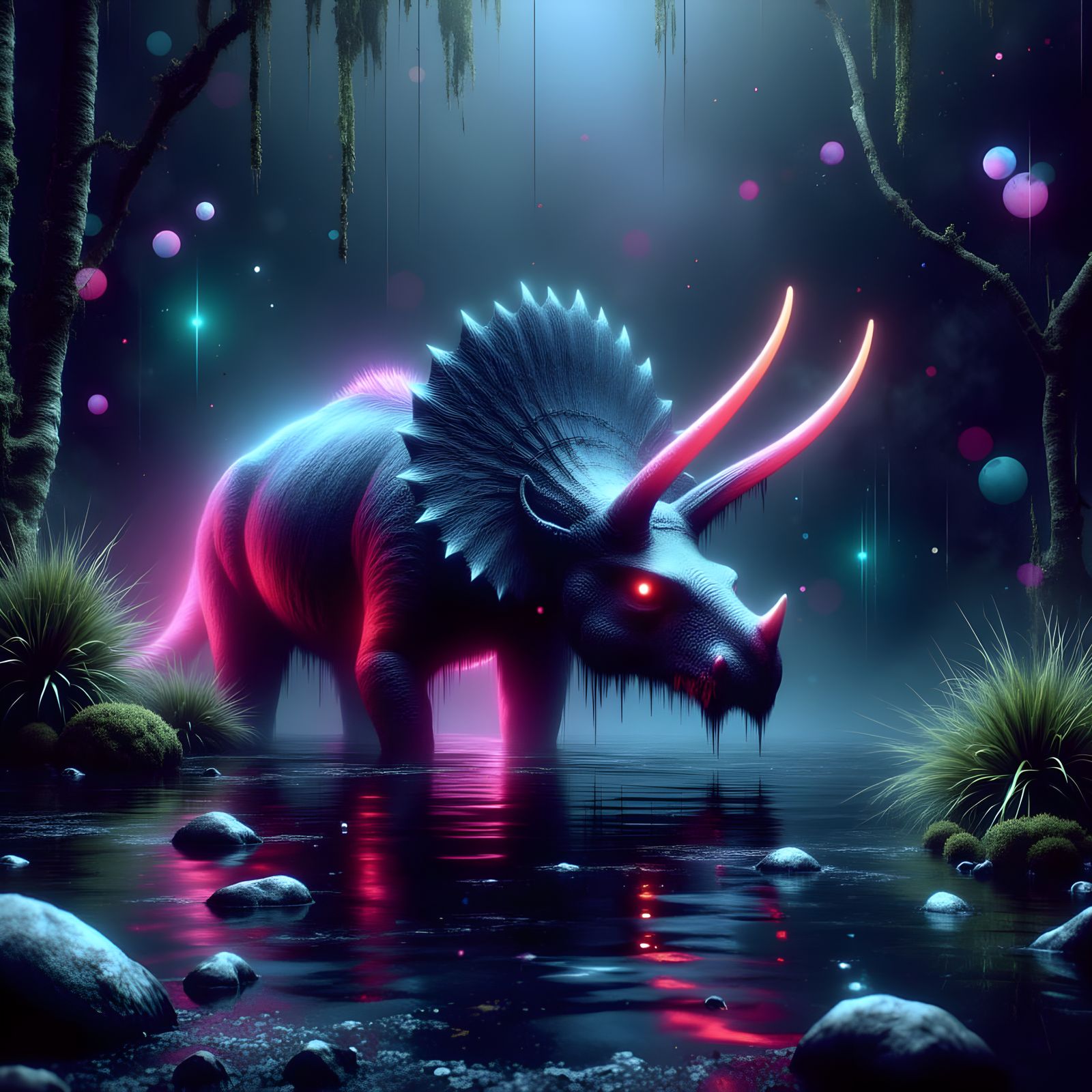 Triceratops in Neon Swamp at Dusk