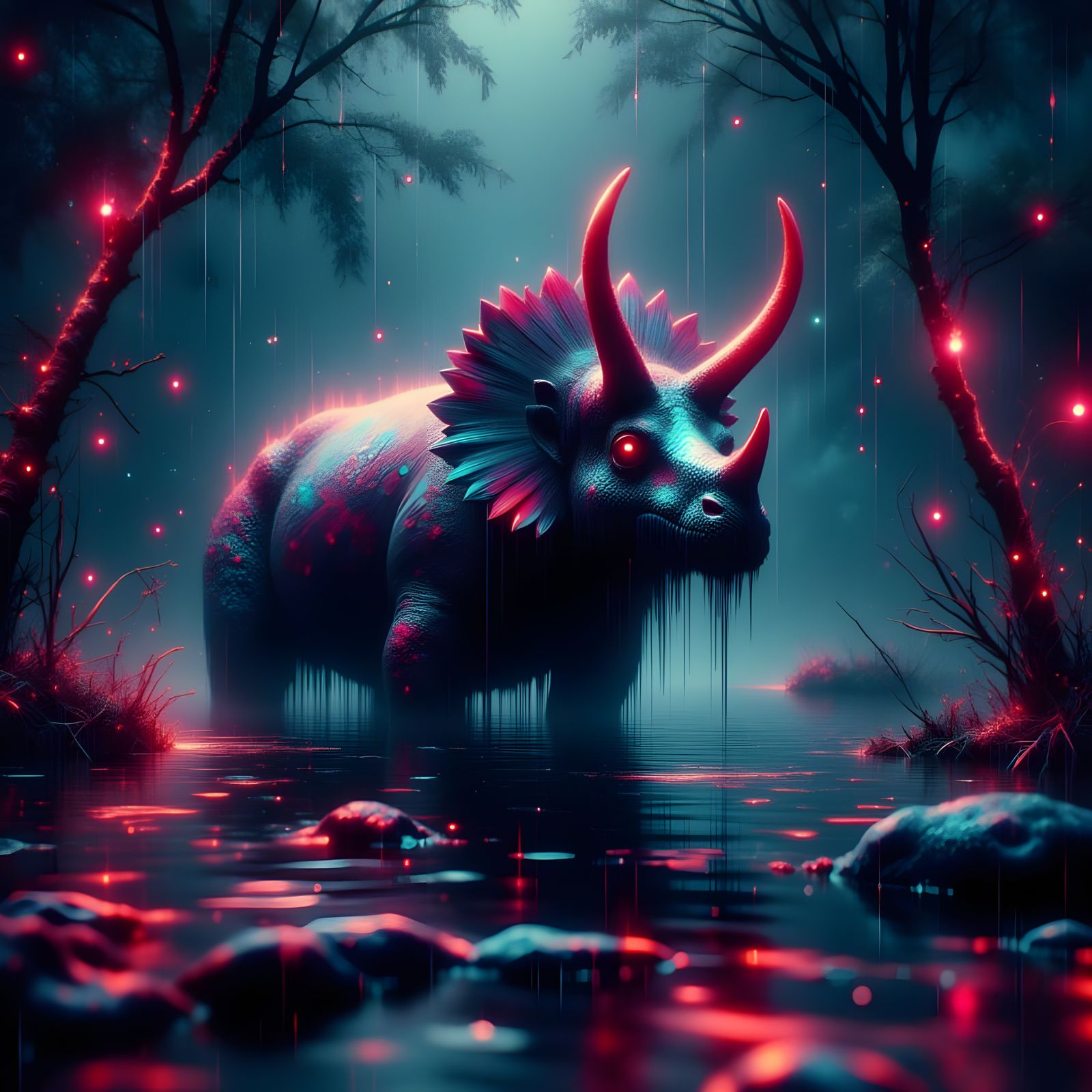 Surreal Triceratops in Neon Swamp at Dusk