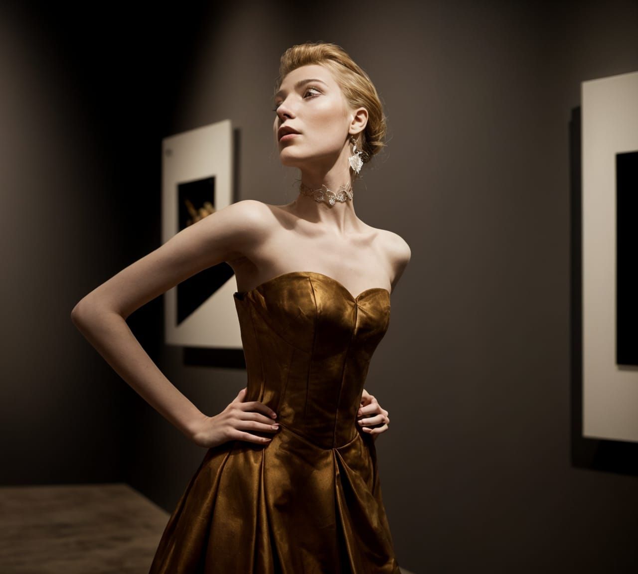 Fashionable Woman in Art Museum, Detailed Digital Art