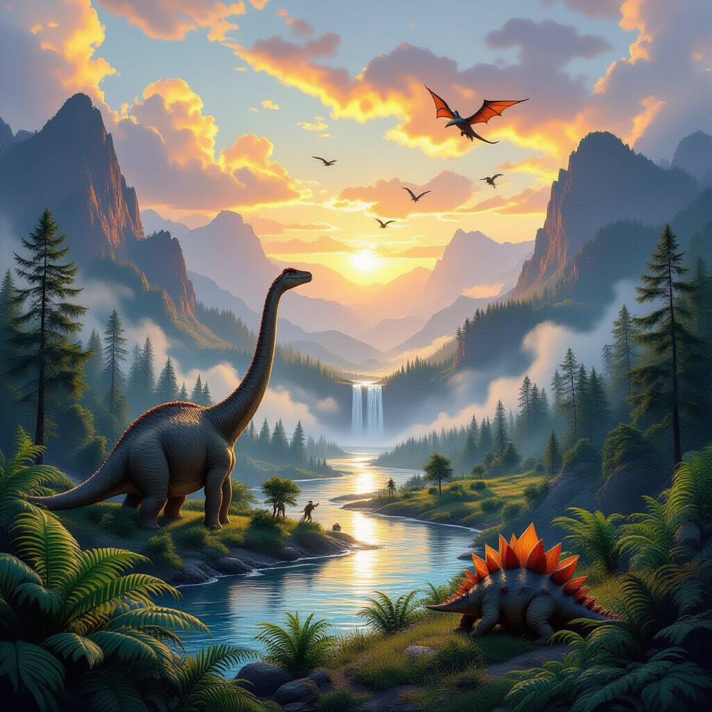Jurassic Landscape with Dinosaurs Under Sunset, Hyper-Realis...