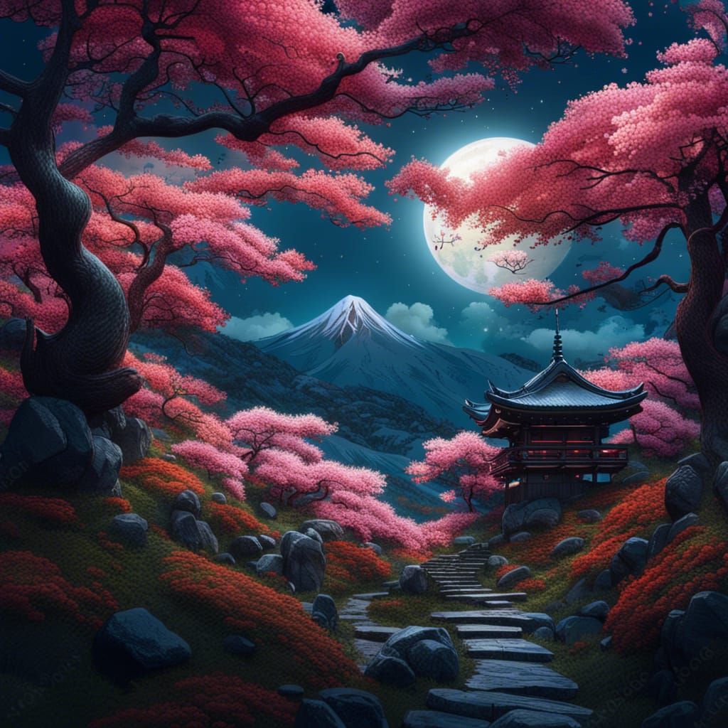 Sakura Trees Under Moon in Japanese Landscape
