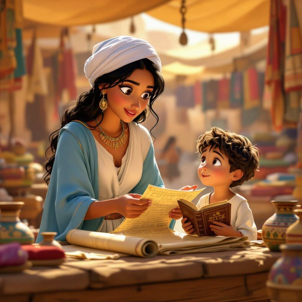 Egyptian Woman and Boy in Ancient Marketplace: Pixar Style