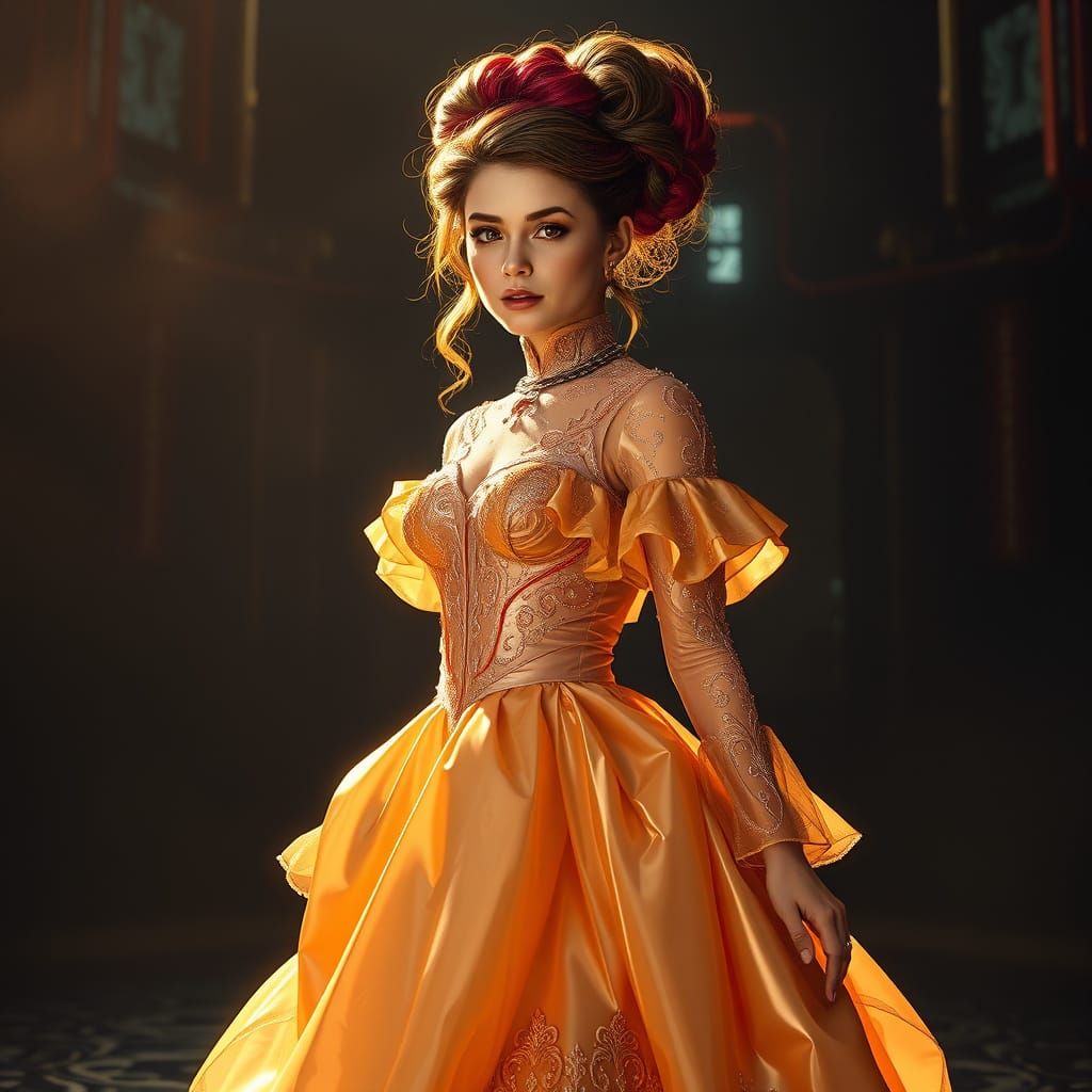 Victorian Woman in Dystopian World, Hyperrealistic Style