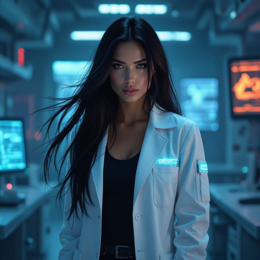 Cyberpunk Woman in Futuristic Lab, Hyper-Real Digital Art