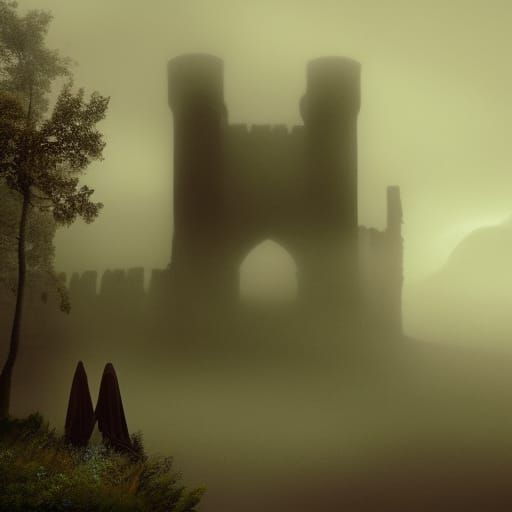 Cloaked Figure in Misty, Dreamlike World