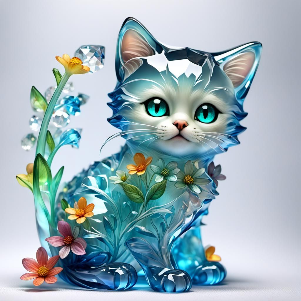 Translucent Crystal Kitten with Bioluminescent Flora