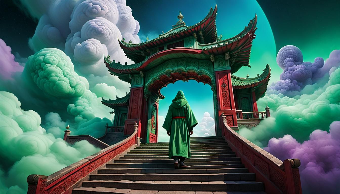 Ethereal Monk Ascends to Cloud Portals