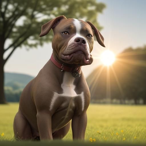 Amstaff Dog Guards Sheep in Sunny Field