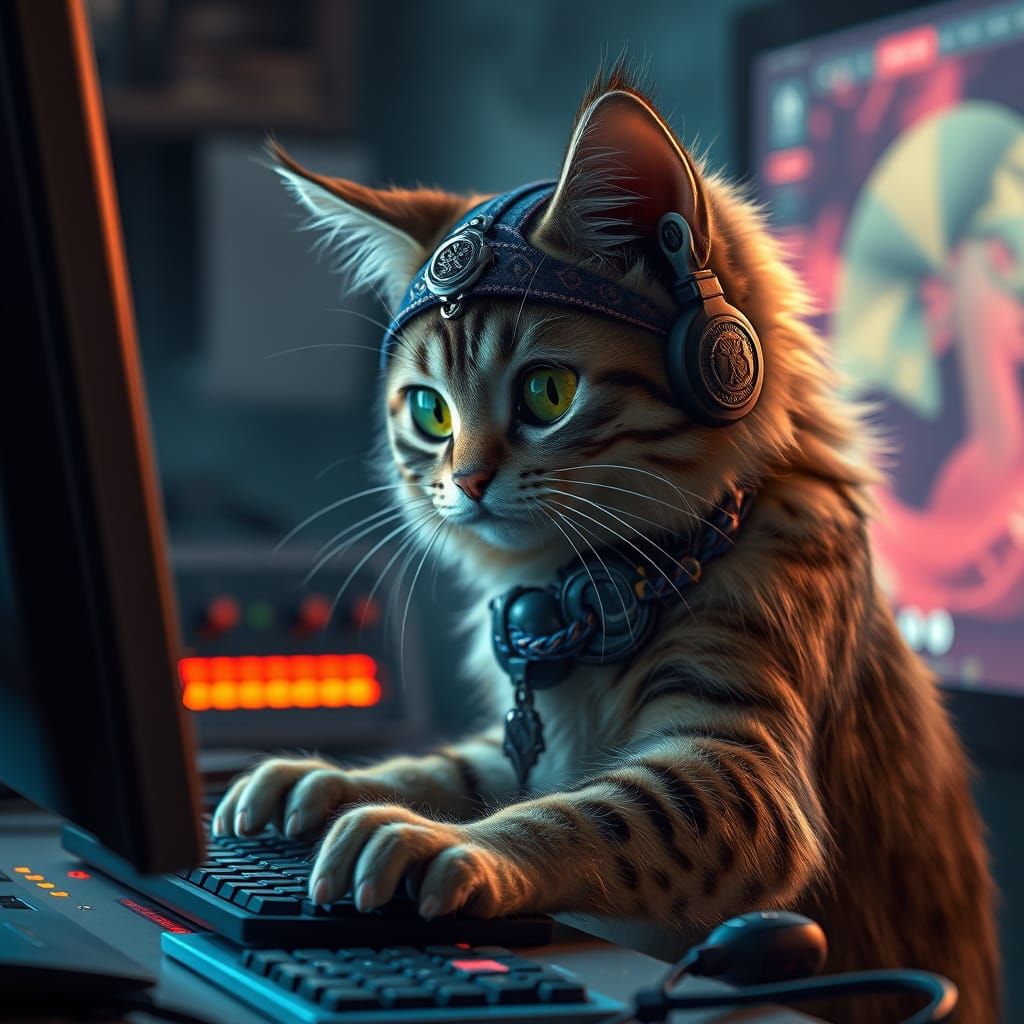 Feline Gamer Lost in a World of Pixels