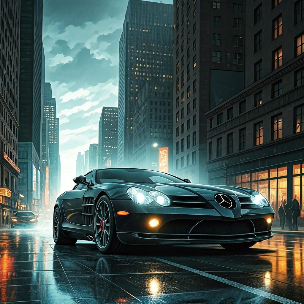 Mercedes-Benz SLR 722 Races Through Times Square, Comic Styl...