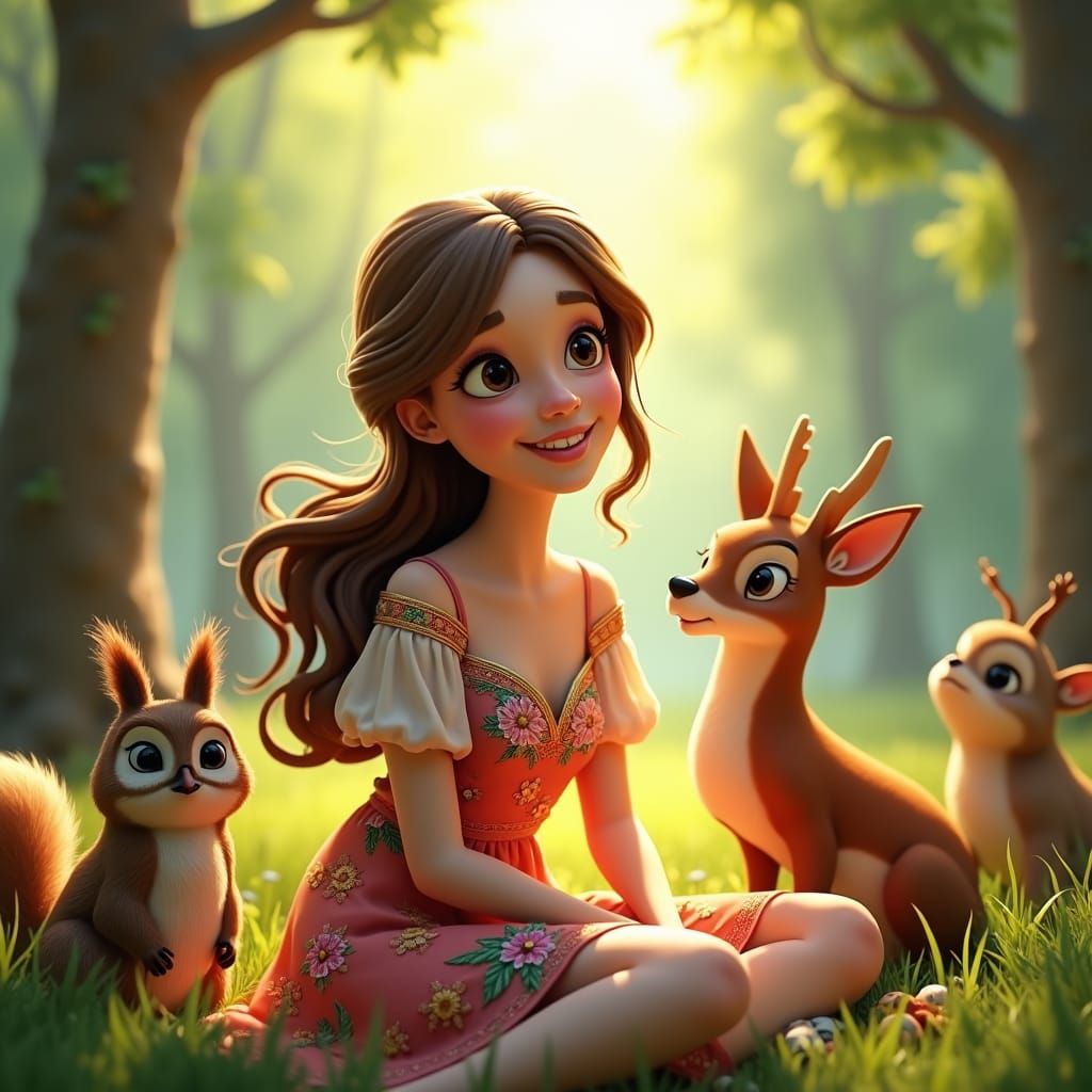 Woman in Floral Dress Surrounded by Forest Animals