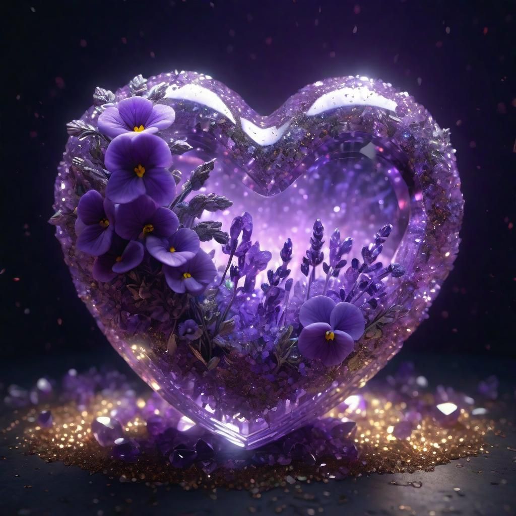 Crystal Heart with Violets: Photorealistic CGI Masterpiece