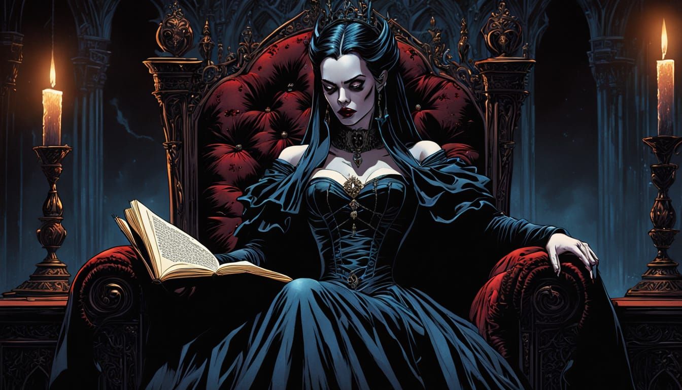 Vampire Queen on Throne in Gothic Comic Art