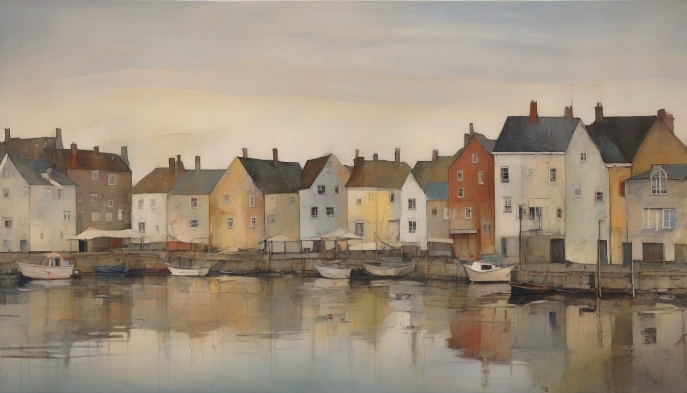 Maritime Village at Dawn in Abstract Style