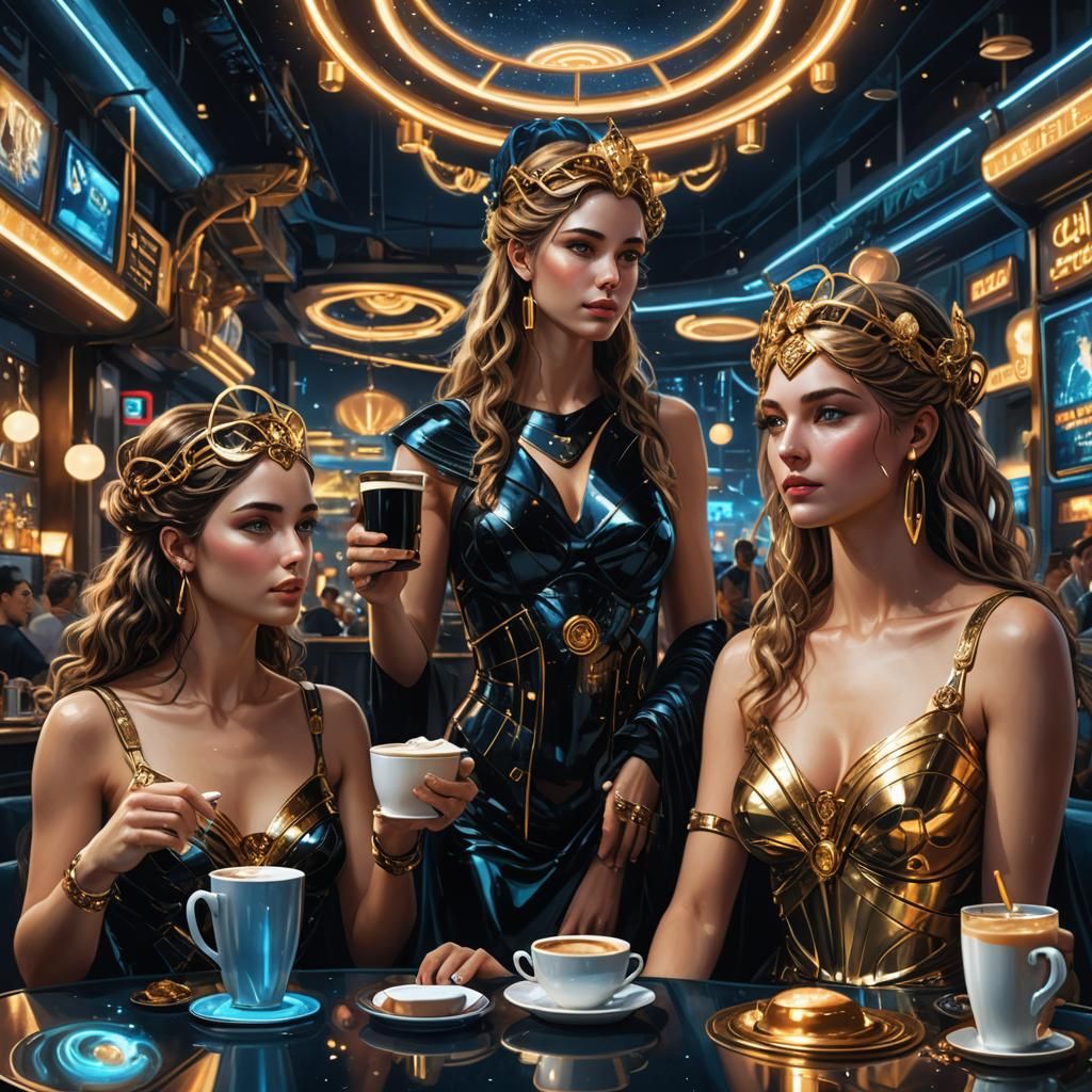 Goddesses in Cyberpunk Cafe: Digital Art
