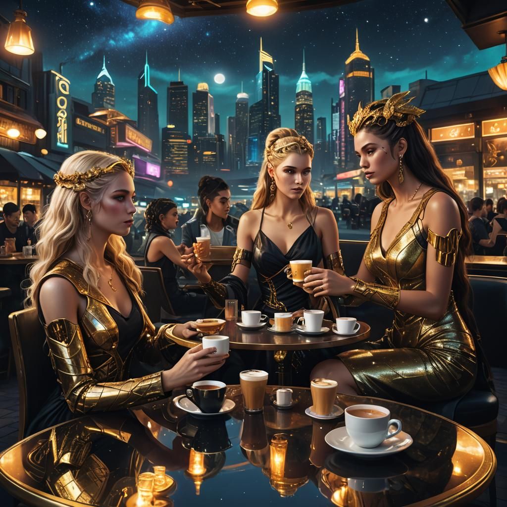 Goddesses in Cyberpunk Cafe: Digital Matte Painting