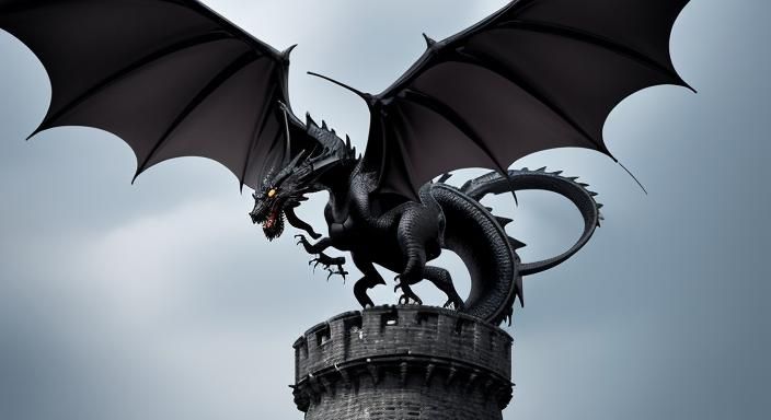 Black Dragon Soaring Over Tower
