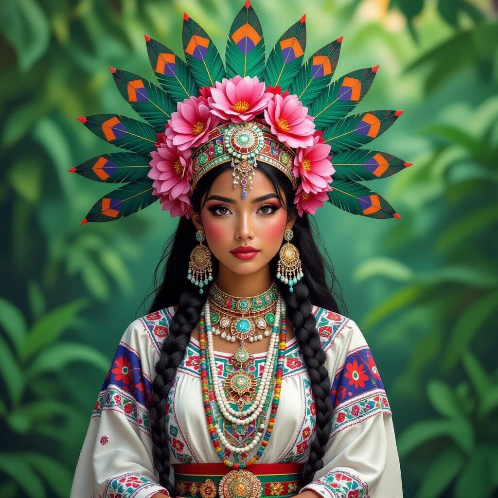 Aztec Warrior Princess with Flowers in Whimsical Style