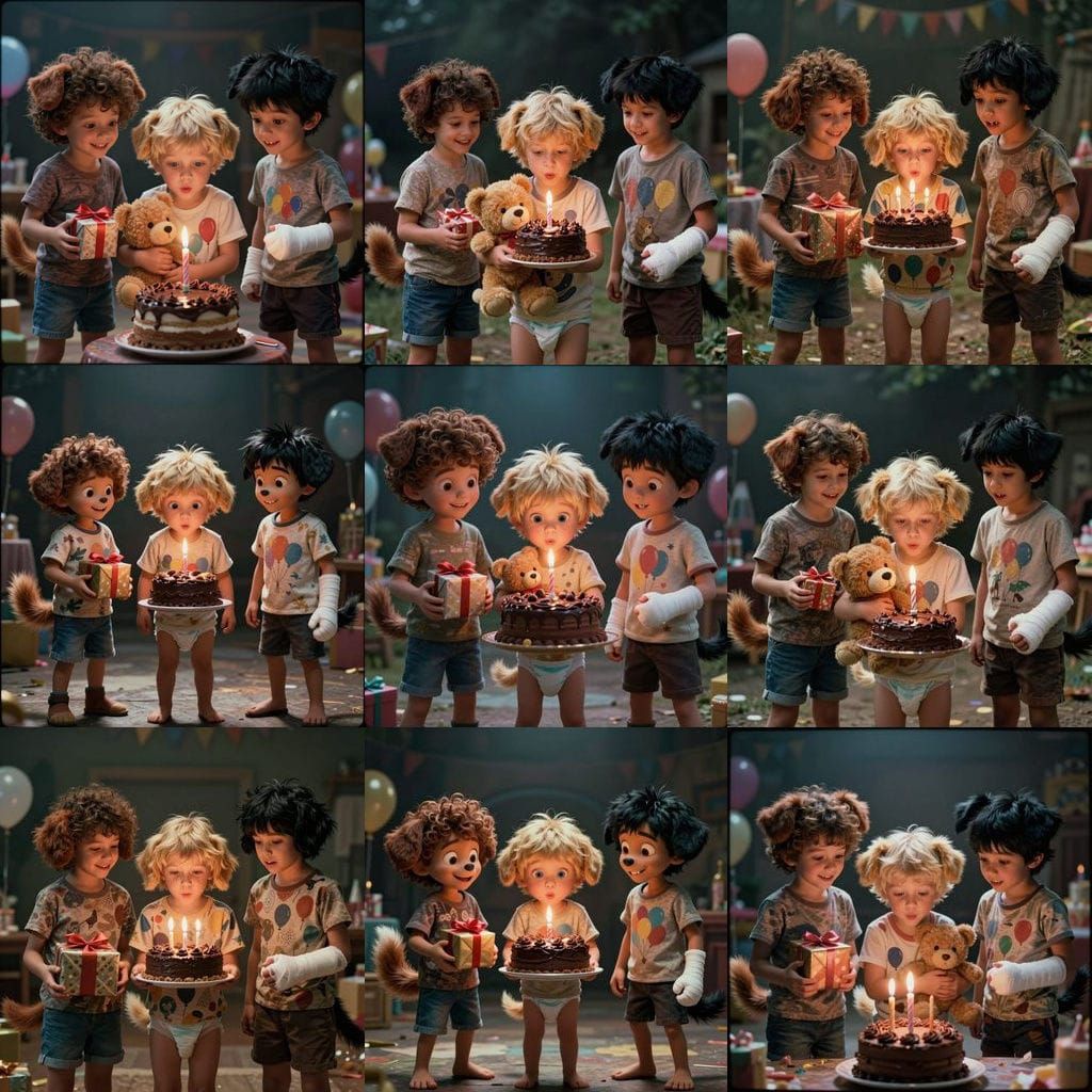 Cute Boys Celebrate Birthday Party with Teddy Bear and Cake