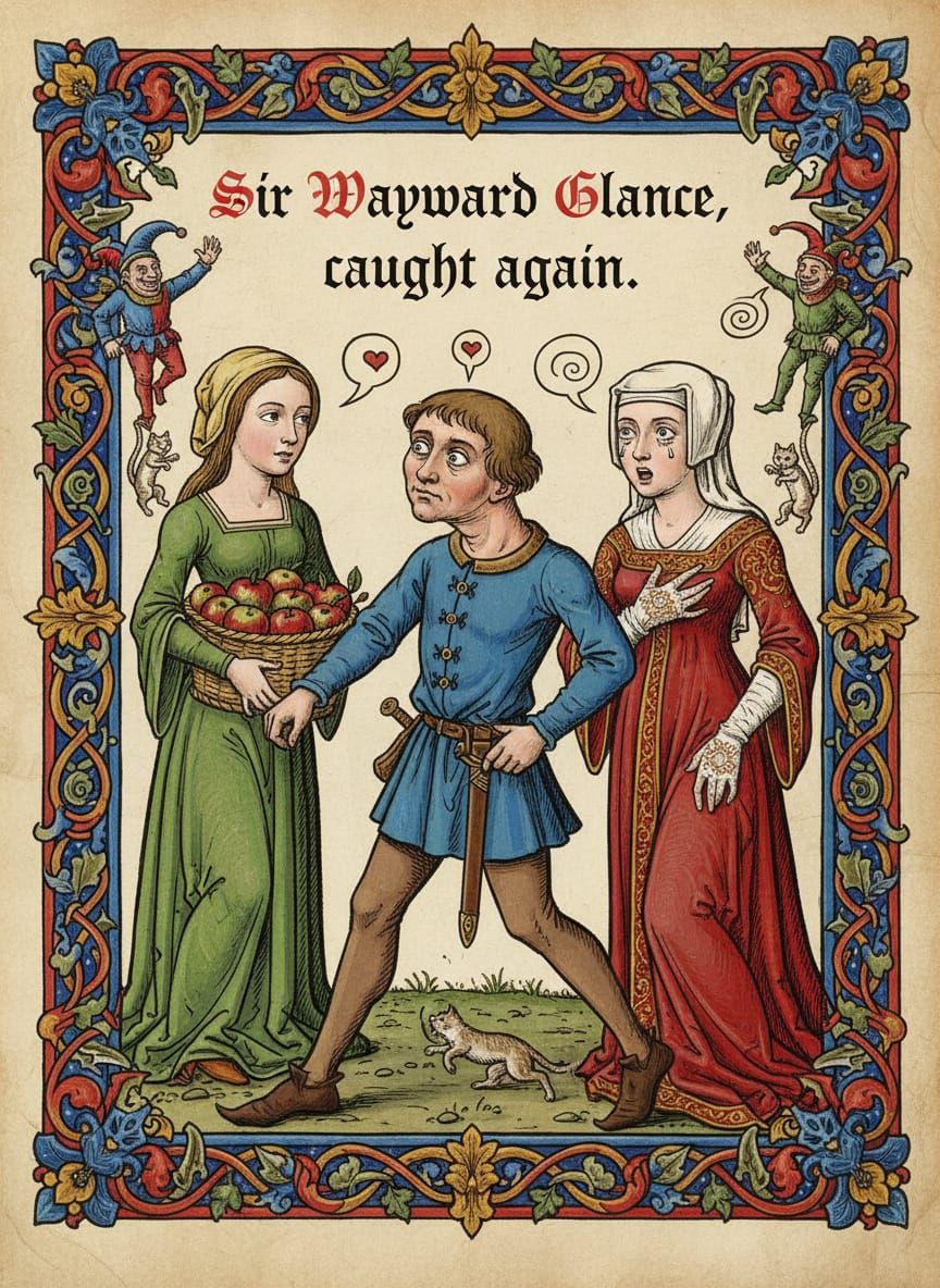 Medieval Meme: Distracted Boyfriend Temptation Scene