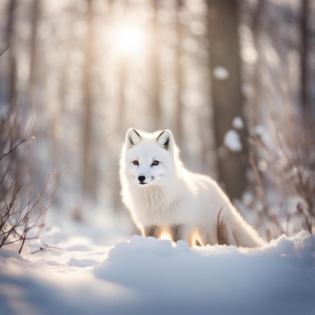 Arctic Fox in Snowy Forest with Divine Light
